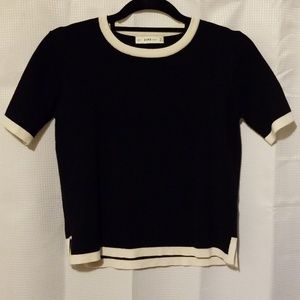 NWOT Zara Crop Knit Crew-Neck Short-Sleeve Sweater w Contrast Trim Navy/Cream, S